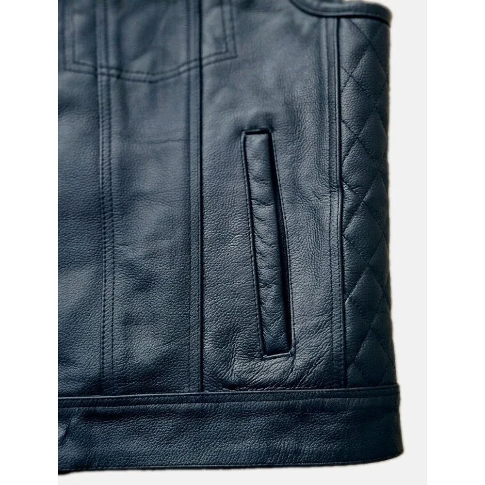 Cuttlanes Mens 3XL Navy Blue Leather Diamond Quilted Biker Motorcycle Vest CCW